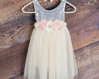 Cream Flower Girl Dress, Silver Gold Sequin Top, Floor Length Dress, Ivory Wedding, Sash Belt, Tutu, Ball Gown, Boho Chic Country