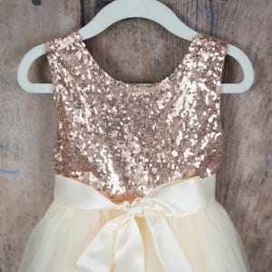 Boho Ivory Flower Girl Dress, Rose Gold Sequin Tulle Wedding Gown, Long Floor Length Ball Gown for Toddlers, Junior Bridesmaid Outfit image 2
