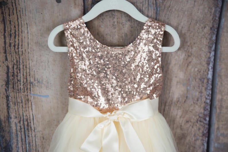 Boho Ivory Flower Girl Dress, Rose Gold Sequin Tulle Wedding Gown, Long Floor Length Ball Gown for Toddlers, Junior Bridesmaid Outfit image 2