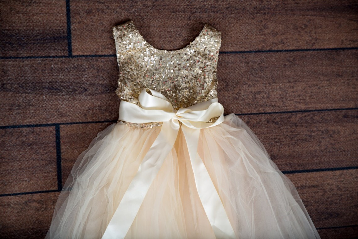 Romantic Gold Sequin Flower Girl Dress Elegant Ivory Tulle Etsy