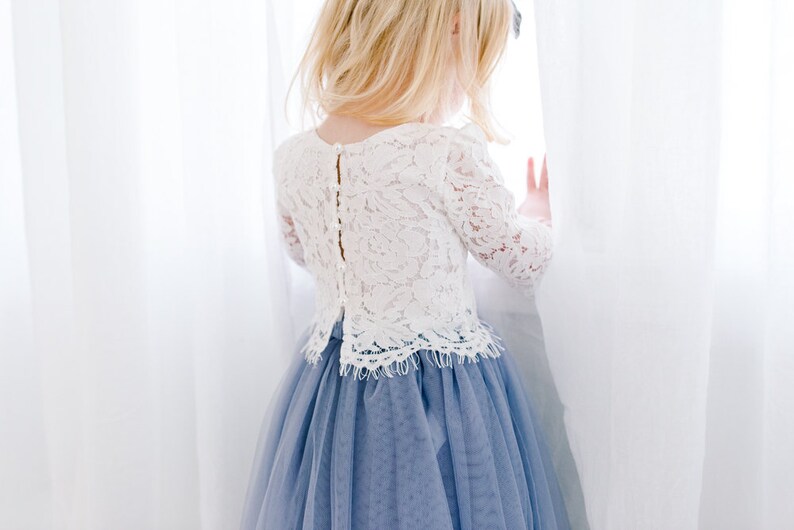 Slate Charcoal Blue Dusty Gray High Waisted Boho Beach Wedding Bohemian Tulle Two Piece Tutu Skirt White Lace Flower Girl Dress Buttons