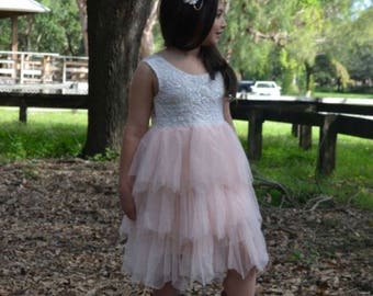 Lace Flower Girl Dress, Blush Pink Tulle Wedding, White Wedding, Tutu Dress, Boho Chic, Country, Couture, Pearl Bead Detail- Alanna