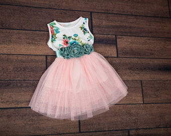 Floral Mint Tulle Dress, Tutu Dress, Cotton Dress with Floral Bow, Photography Prop, Birthday Dress, Flower Girl, Size 2T, 3T, 4T, 5T, 6