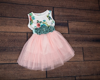 Floral Pink Tulle Dress, Cotton Flower Dress, Birthday Dress, Girls Spring Dresses-- Delaney