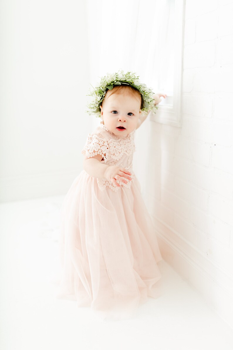 May include: A pale pink dress featuring a lace bodice with short sleeves and a layered tulle skirt. The garment is paired with a floral crown made of small white flowers and green leaves, worn on the head to complement the soft color palette.