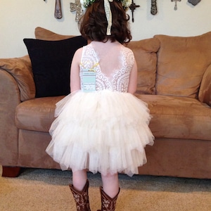 White Lace Flower Girl Dress, Bohemian Ivory Tulle Wedding Gown, Cream Birthday Girl Tutu, Elegant Boho Chic Romantic Cake Smash Outfit
