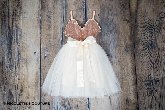 Romantic Rose Gold Flower Girl Dress Cream Tulle Sequin Wedding