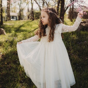 Bohemian Lace Flower Girl Dress, Rustic Ivory Tulle Wedding Dress, Bohemian Lace Dress, Boho Christening Gown, Baptism Dress