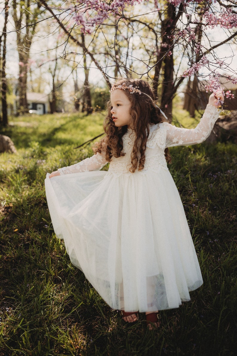 Bohemian Lace Flower Girl Dress, Rustic Ivory Tulle Wedding Dress, Bohemian Lace Dress, Boho Christening Gown, Baptism Dress image 4