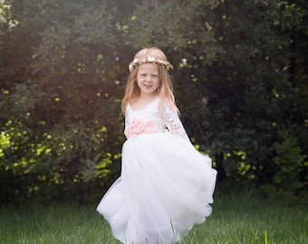 Long Sleeve Flower Girl Dress, Boho Wedding Gown, Beach Wedding Dress, Bohemian Dresses