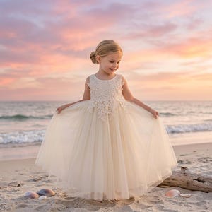 Boho Ivory Flower Girl Dress, Tulle Wedding Dress for Girls, Will You Be My Flower Girl Proposal Outfit, Bohemian Junior Bridesmaid Dress image 2
