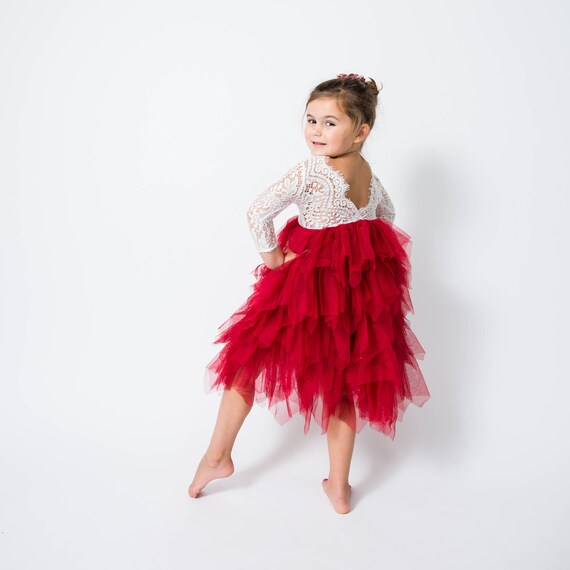 White Lace Flower Girl Dress, Dark Red Tulle Long