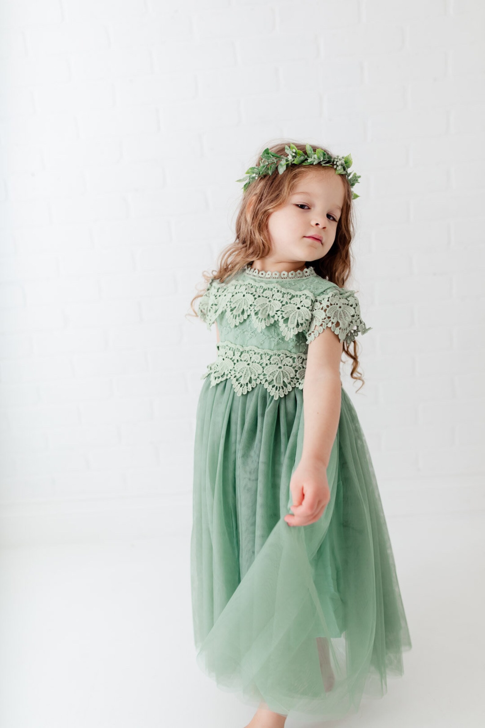 Boho Sage Lace Flower Girl Dress Romantic Green Toddler Tulle Etsy