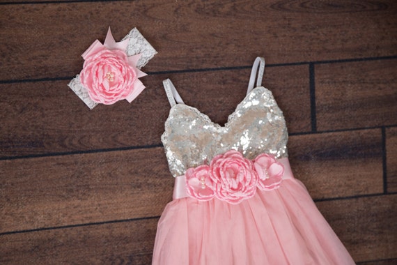 pink and silver flower girl dress