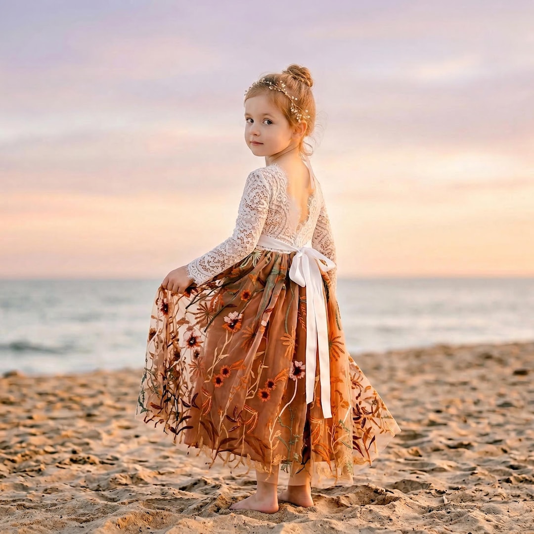 white and burnt orange flower girl dress LalaMira Cap Sleeves Knee-length Flower Girl Dress 228017 Burnt Orange / 12M