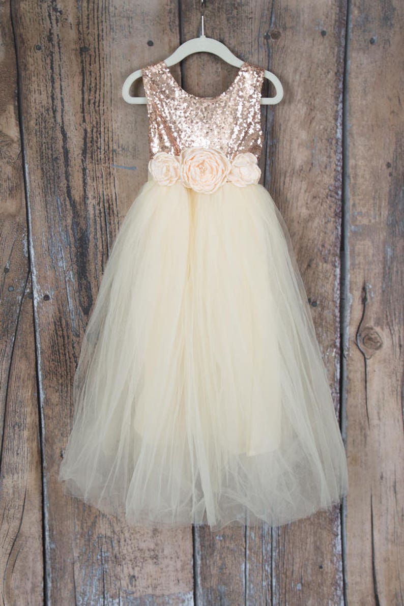 Romantic Tulle Flower Girl Dress, Boho Chic Dresses, Ivory Ball Gown, Rose Gold Sequin Dress image 4