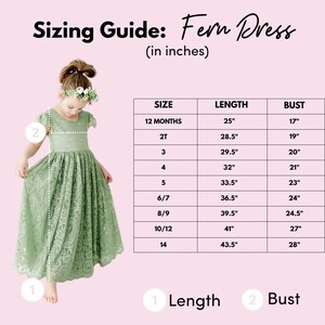 May include: A sizing guide for the Fern Dress featuring a table with measurements in inches for sizes 12 months to 14. The table lists length and bust dimensions. A child wears a sage green lace dress with short sleeves and a floral headband.
