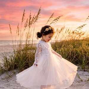 Long Sleeve White Lace Flower Girl Dress, Bohemian Tulle Christening Gown for Baby Girl, Baby Baptism Outfit image 2