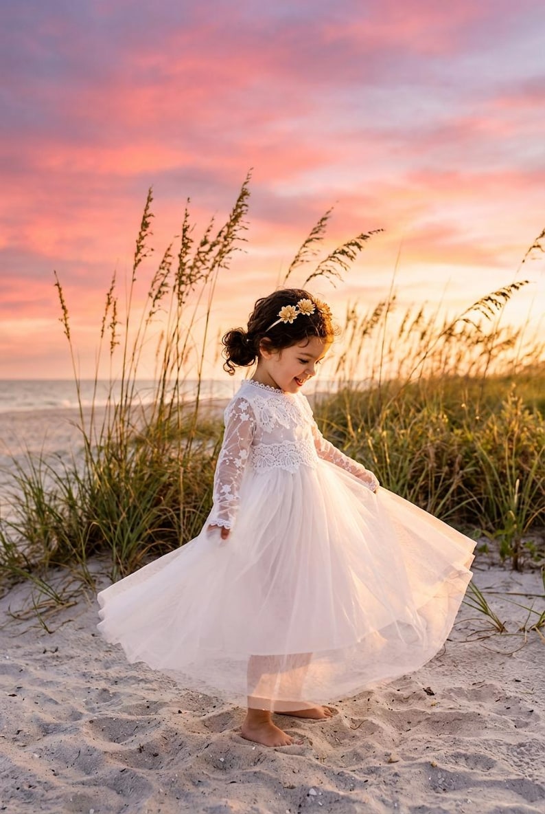 Long Sleeve White Lace Flower Girl Dress, Bohemian Tulle Christening Gown for Baby Girl, Baby Baptism Outfit image 2