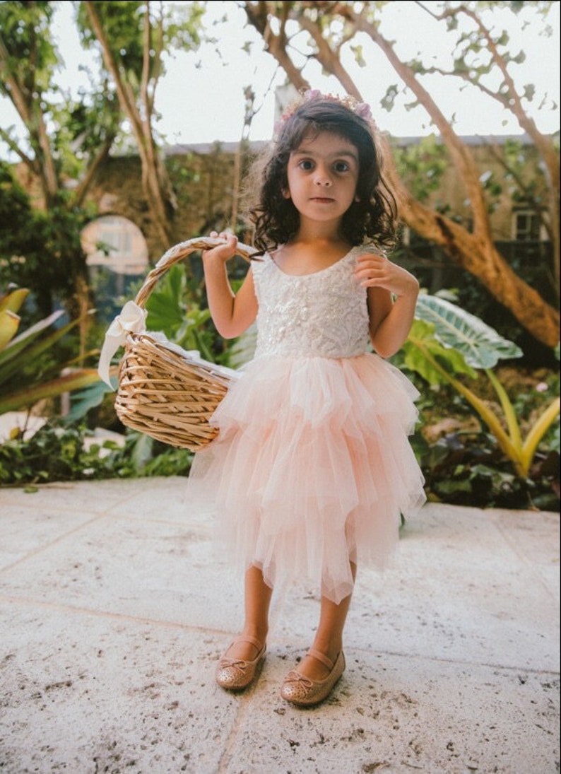 Boho Lace Infant Flower Girl Dress Blush Pink Tulle Wedding Etsy