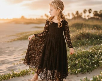 Vestido de novia bohemio negro, vestido de novia rústico vintage de encaje, vestido de novia gótico para playa, vestido de novia alternativo