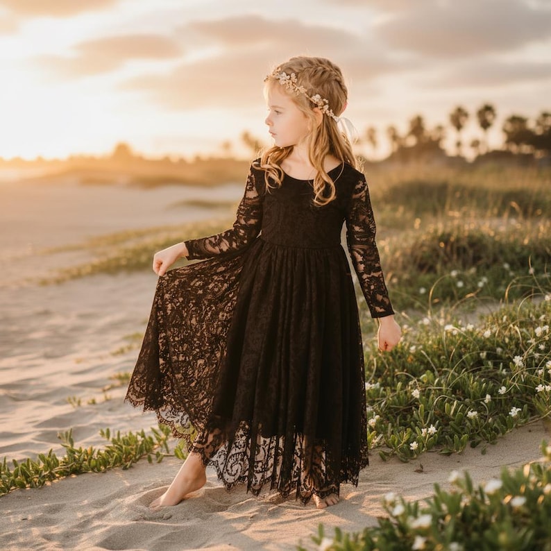 Black Boho Wedding Dress, Rustic Vintage Lace Bridal Gown, Gothic Beach Wedding Dress, Alternative Bride Dress image 1