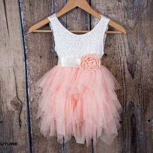 White Lace Flower Girl Dress, Blush Pink Tulle Summer Dress, Tulle Wedding dress- Allison