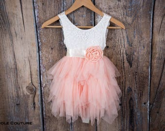 White Lace Flower Girl Dress, Blush Pink Tulle Summer Dress, Tulle Wedding dress- Allison