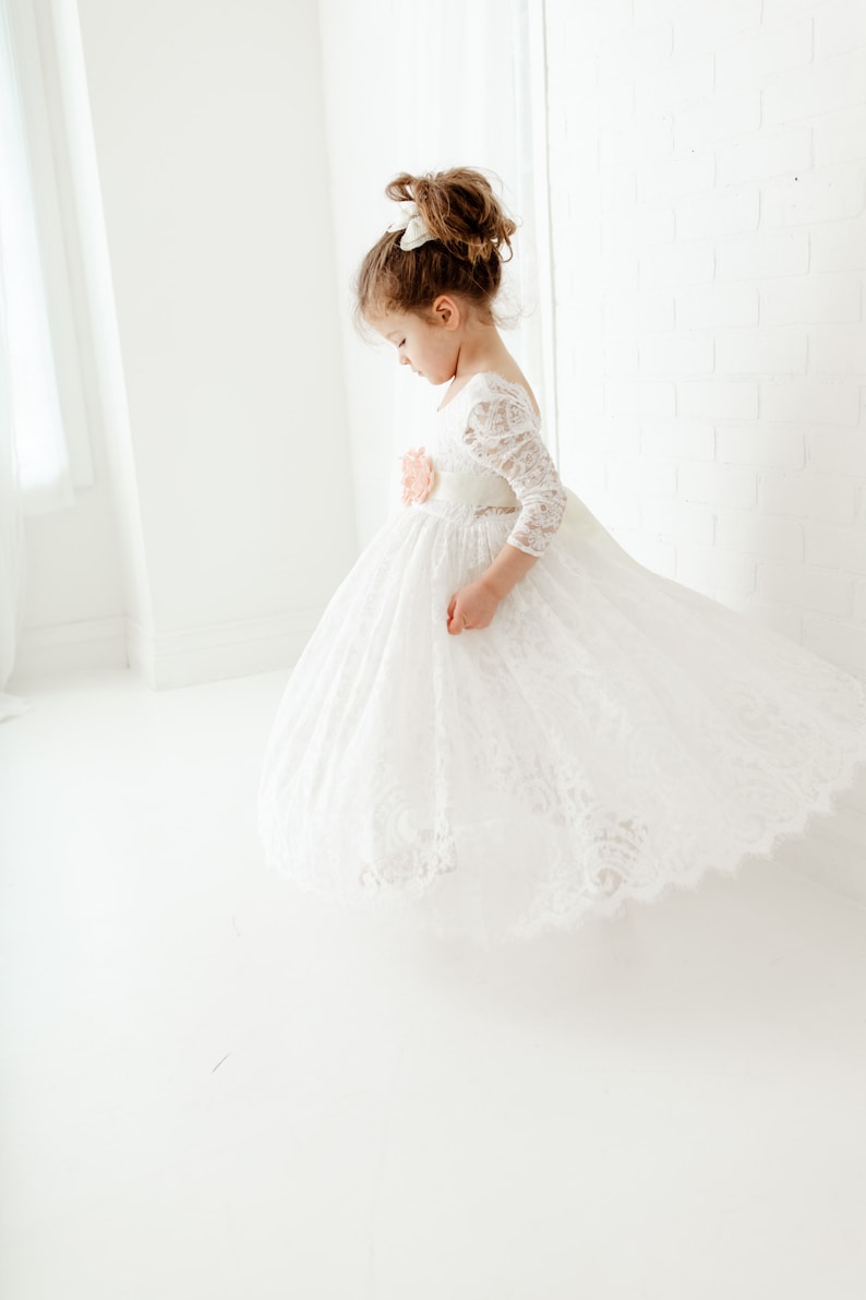 White Paisley Boho Flower Girl Dress, Rustic Lace Tulle Wedding Dress for Girls, Flower Girl Proposal Outfit image 10