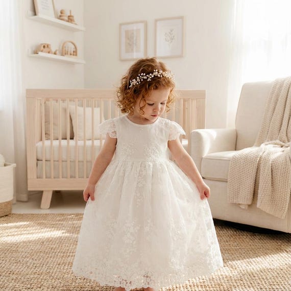 The Phoebe Boho White Lace Baptism Dress, Infant Christening Gown, Baby Flower Girl Ceremony Outfit