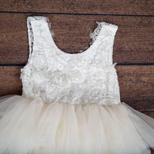 May include: A white tulle dress with a lace bodice. The dress has a full skirt and is perfect for a special occasion.