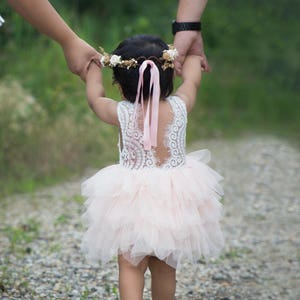 Blush Pink Flower Girl Dress, Boho Beach Wedding Dress, Princess Tutu Dress, Crochet Baby Dress