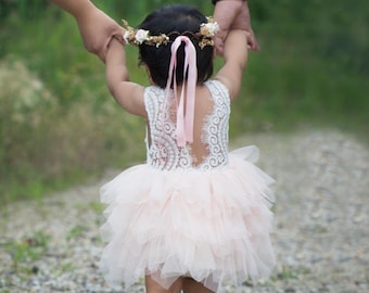 Blush Pink Flower Girl Dress, Boho Beach Wedding Dress, Princess Tutu Dress, Crochet Baby Dress