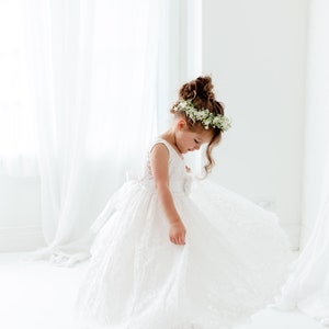 White Boho Flower Girl Dress with Tulle, Rustic Wedding Girl Dress, Bohemian Junior Bridesmaid Dress, Flower Girl Proposal Outfit image 6
