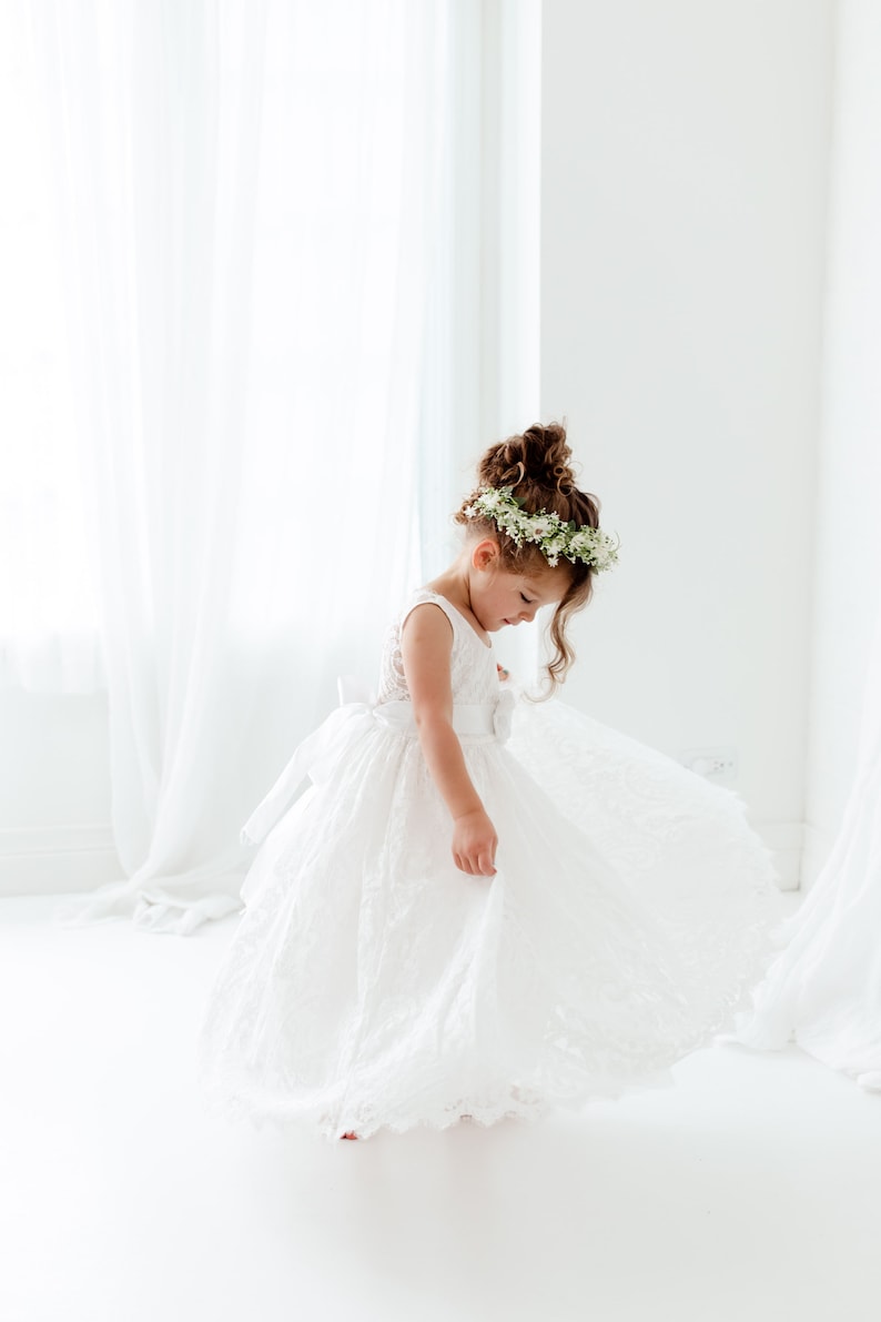 White Boho Flower Girl Dress with Tulle, Rustic Wedding Girl Dress, Bohemian Junior Bridesmaid Dress, Flower Girl Proposal Outfit image 6