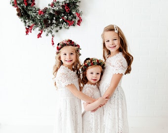 White Lace High-Low Flower Girl Dress, Boho Wedding Dress, Bohemian Infant Dresses, Christening, Toddler