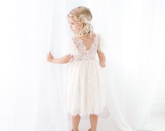 Ivory Cream Boho Flower Girl Dress, Rustic Vintage Style Wedding Dress for Girls, Lace Toddler Gown, Bohemian Ceremony Outfit