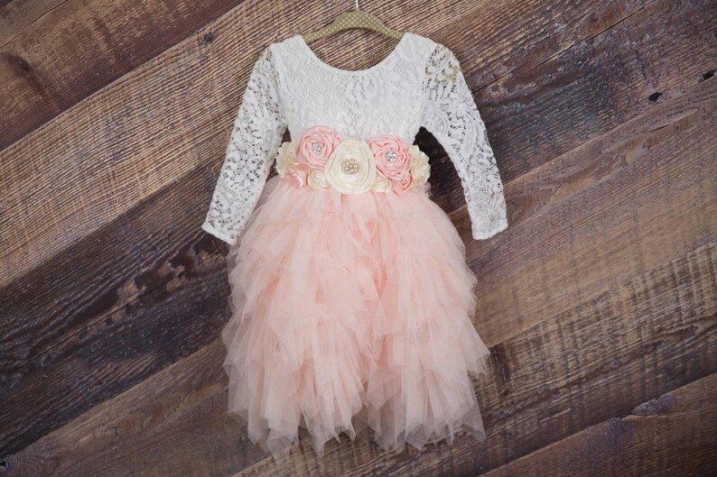 White Lace Flower Girl Dress, Blush Tulle Long Sleeve Dress, Boho Girls Spring Dresses 