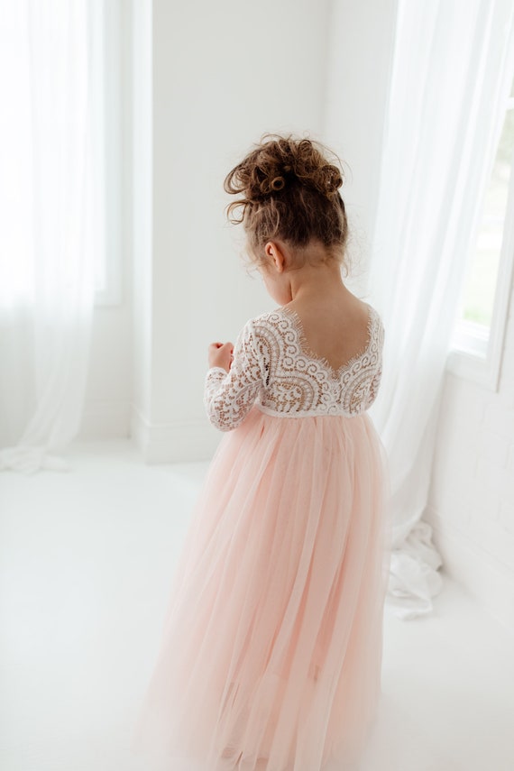 pink lace dress for baby Jocelyn Lace Flower Girl Dress, Blush Long Sleeve Wedding Dress, Pink Ball  Gown for Toddlers, White Boho Baby Dress