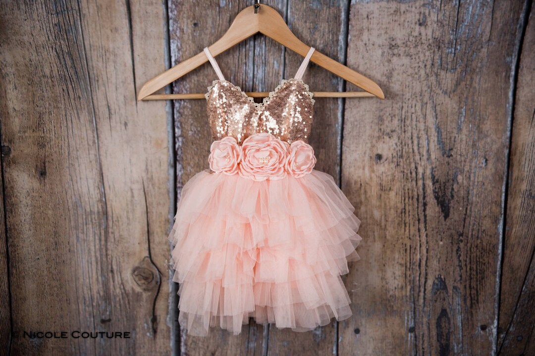 rose gold tulle dress Rose Gold Flower Girl Dress Sparkly Glitter Long Sleeve Tulle Birthday –  DreamyVow