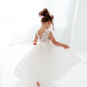 Boho Lace Flower Girl Dress, White Tulle Wedding Dress for Girls, Beach Rustic Bohemian Junior Bridesmaid Gown image 9