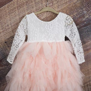White Lace Flower Girl Dress, Blush Pink Tulle, Long Sleeve Wedding dress, Romantic Boho Dress image 2