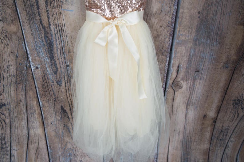 Boho Ivory Flower Girl Dress, Rose Gold Sequin Tulle Wedding Gown, Long Floor Length Ball Gown for Toddlers, Junior Bridesmaid Outfit image 3