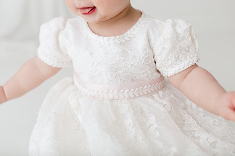 White Lace Christening Gown, Infant Baptism Dress, Unique Baby Boho Dress, Flower Girl image 1