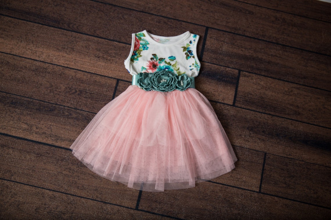 Floral Pink Tulle Dress Cotton Flower Dress Birthday Dress Etsy
