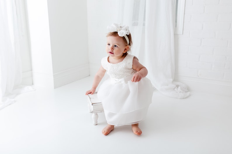 Satin Christening Gown, Newborn Baby Baptism Dress, Tulle Flower Girl Dresses image 6