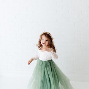 Sage Green Long Sleeve Flower Girl Dress, White Lace Boho Wedding Dress for Girls, Mint Tulle Ball Gown, Eucalyptus & Fern Inspired image 10