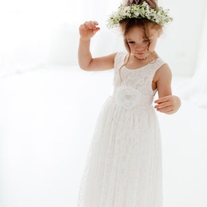 White Boho Flower Girl Dress with Tulle, Rustic Wedding Girl Dress, Bohemian Junior Bridesmaid Dress, Flower Girl Proposal Outfit image 11