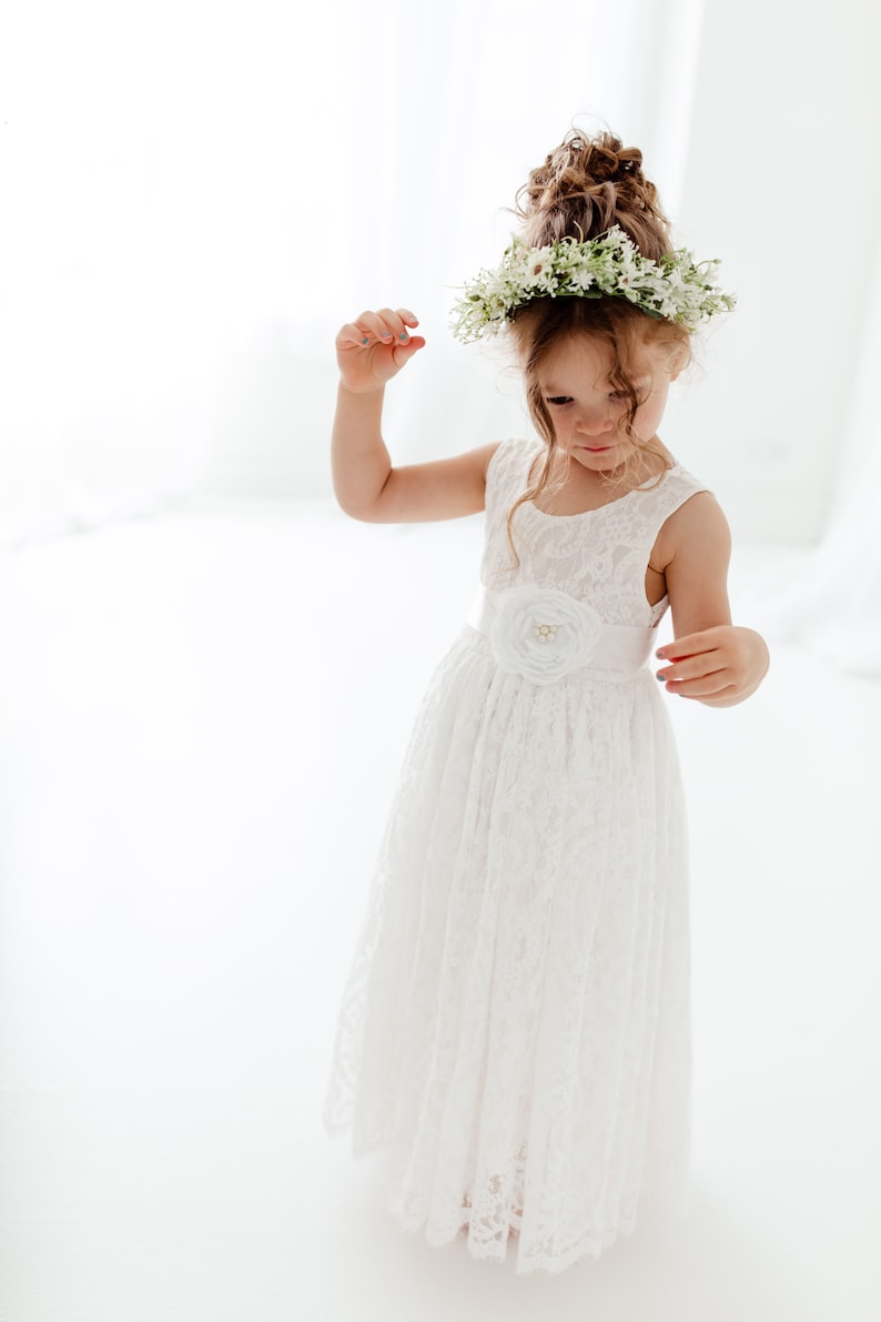 White Boho Flower Girl Dress with Tulle, Rustic Wedding Girl Dress, Bohemian Junior Bridesmaid Dress, Flower Girl Proposal Outfit image 11