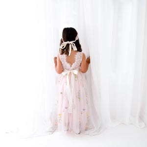 May include: A floor-length sleeveless dress in pale pink featuring a white lace bodice with a deep V-back, a satin ribbon tie at the waist, and a tulle skirt adorned with colourful embroidered floral and butterfly patterns, paired with a lace headband.